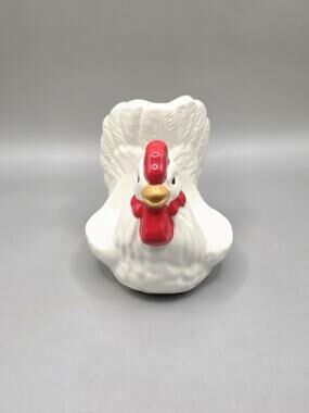 Vtg Rooster Hen Ceramic Napkin Mail Caddy White Red Trim Country Kitchen Decor